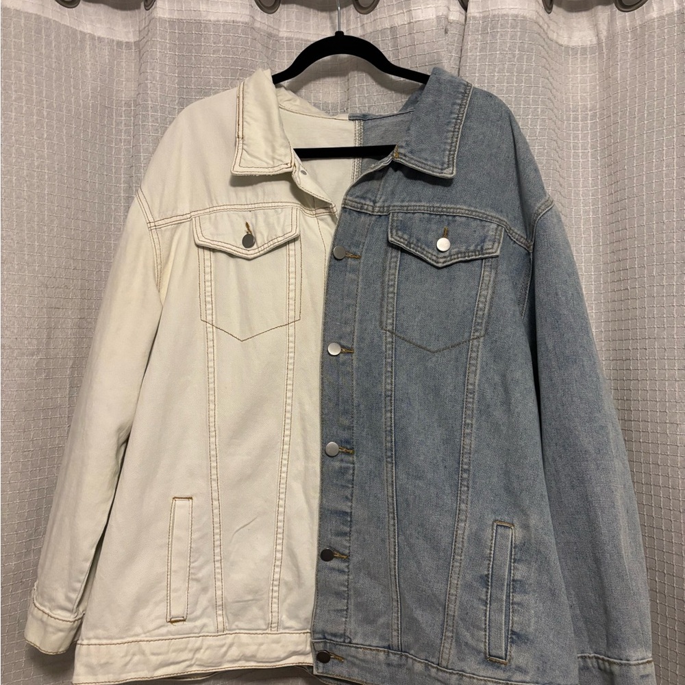 SHEIN Plus Size Women’s Two-Tone Denim Jacket - Light Blue and Cream